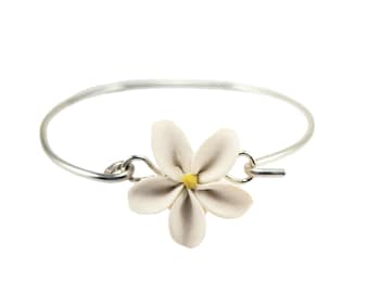 Jasmine Flower Sterling Silver Bangle Bracelet | White Jasmine Jewelry | White Flower Silver Bracelet