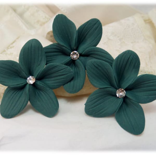 Teal Green Hair Flowers (3) | Teal Flower Hair Pins | Teal Bridal Bridesmaid Hair Accessory | Teal Flower Hair Pins with Pearl or Crystal