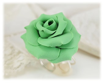Green Rose Ring | Green Rose Jewelry | Green Flower Ring - Adjustable Base Silver or Gold