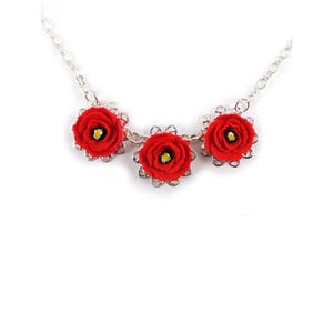 Red Poppy Bib Necklace: August Birth Flower, Adjustable, Silver, Gold, or Antique Brass image 1