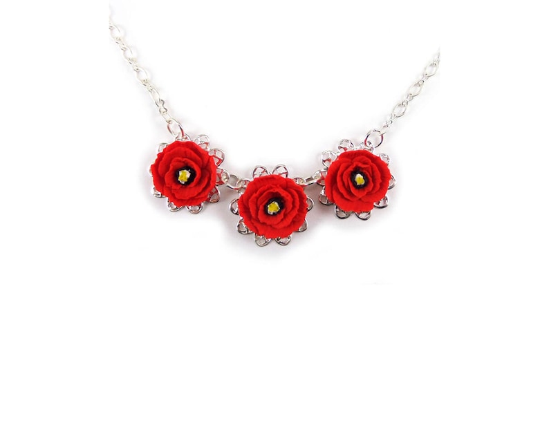 Red Poppy Bib Necklace: August Birth Flower, Adjustable, Silver, Gold, or Antique Brass image 1