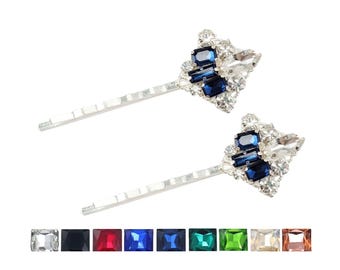 Navy Rhinestone Hair Pins: 1920s Art Deco Filigree Set of 2