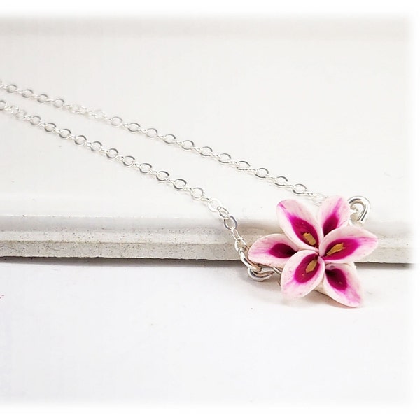 Pink Stargazer Lily Tiny Flower Necklace | Pink Lily Jewelry | Petite Pink Flower Necklace | Tiny Lily Necklace Charm Jewelry