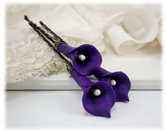 Purple Calla Lily Hair Pins |  Purple Calla Lilies | Purple Flower Hair Pins Wedding | Purple Bridal Hair Flowers | QTY 3
