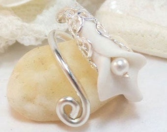 Calla Lily Pearl Ring | Calla Lily Jewelry | Unique Calla Lily Pearl Sterling Silver Wrapped Ring More Colors