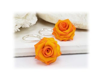 Orange Tipped Yellow Rose Earrings: Hand Sculpted Polymer Clay Flower Jewelry