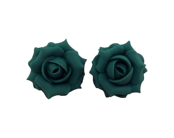 Dark Teal Green Rose Earrings Stud or Clip On | Teal Rose Jewelry | Teal Flower Studs | Teal Bridesmaid Earrings Gift | Hypoallergenic