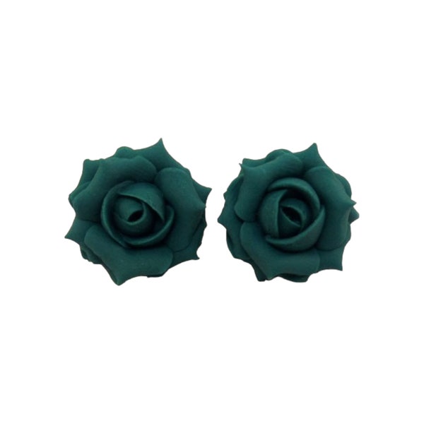 Dark Teal Green Rose Earrings Stud or Clip On | Teal Rose Jewelry | Teal Flower Studs | Teal Bridesmaid Earrings Gift | Hypoallergenic