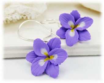 Purple Freesia Flower Dangle Earrings: Polymer Clay