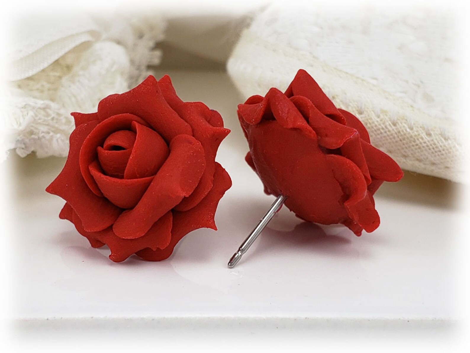 Red Rose Earrings Stud or Clip on Red Rose Jewelry Red Etsy