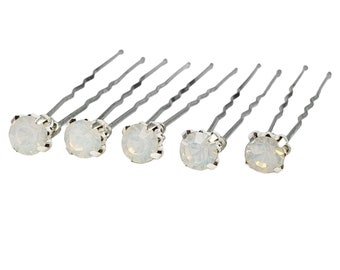 White Opal Rhinestone Hair Pins 7mm (5) | Opal  Wedding Hair Accessories | Opaque White Bridal Bridesmaid Jewel Bobby Pins