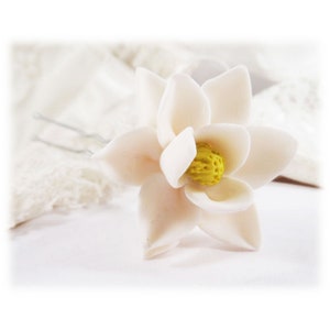 Magnolia Hair Pin: White Clay Flower, Bridal Hair Accessory