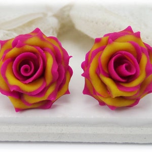 Pink Tip Yellow Rose Earrings Stud or Clip On Pink Yellow Flower Earrings Pink Yellow Rose Variegated Rose Jewelry Hypoallergenic image 6