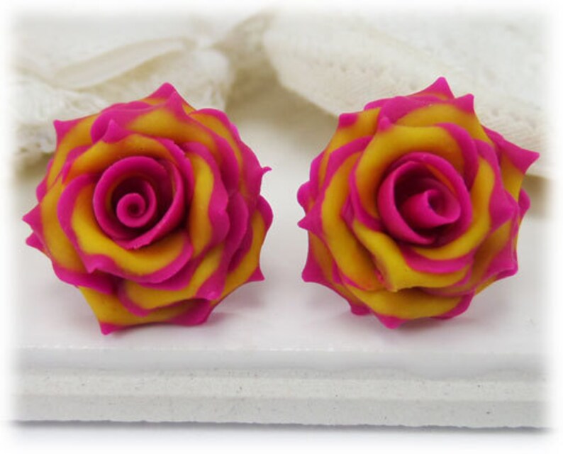 Pink Tip Yellow Rose Earrings Stud or Clip On Pink Yellow Flower Earrings Pink Yellow Rose Variegated Rose Jewelry Hypoallergenic image 6