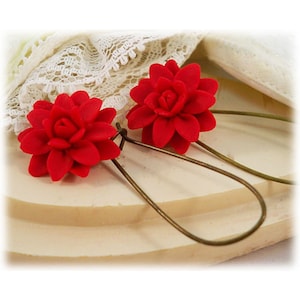 Handmade Red Dahlia Dangle Earrings: Polymer Clay Flower Jewelry