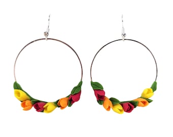 Colorful Tulips Dangle Hoop Earrings | Tulip Flower Jewelry | Spring Flowers Statement Earrings