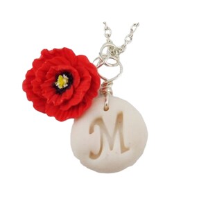 Red Poppy Initial Necklace: Personalized August Birth Flower Jewelry