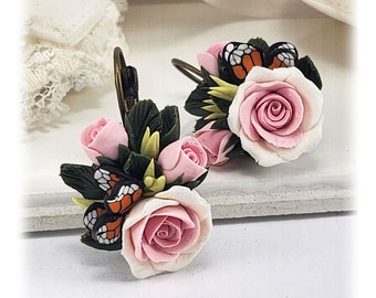 Vintage Style Pink Rose Butterfly Bouquet Earrings | Realistic Pink Rose Butterfly Earrings Gifts | Butterfly Rose Garden Theme Gift for Mom