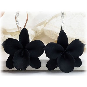 Black Orchid Dangle Earrings: Hand Sculpted Polymer Clay Jewelry
