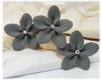 Gray Hair Flowers (3) | Gray Flower Hair Pins | Gray Bridal Bridesmaid Hair Accessory | Gray Flower Hair Pins with Pearl or Crystal