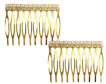 Pearl and Rhinestone Gold Hair Combs 2 INCH | Gold Pearl Hair Accessories | Gold Bridal Side Hair Comb Set