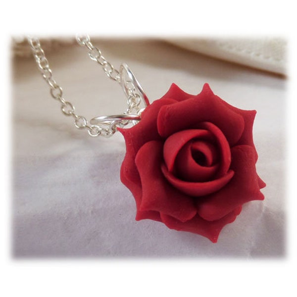 Small Red Rose Pendant Necklace | Red Rose Jewelry | Red Flower Necklace | Red Rose Bridesmaid Necklace