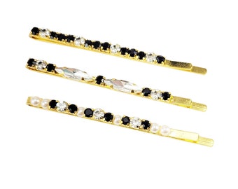 Elegant Black Gold Rhinestone Hair Pins Assorted Option | Black and Gold Hair Accessories | 3 Row Black Bobby Pins