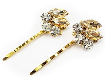 Champagne Bridal Rhinestone Hair Pins | Wedding Gem Bobby Pins | Bridal Neutral Tone Filigree Hair Pins
