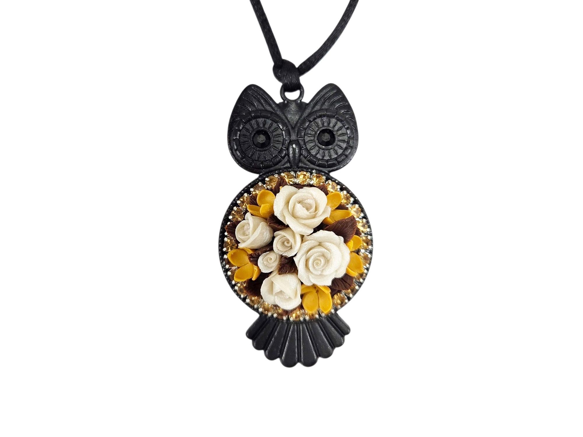 Owl Rose Bouquet Necklace: Hand Sculpted, Polymer Clay, Adjustable Black Cord