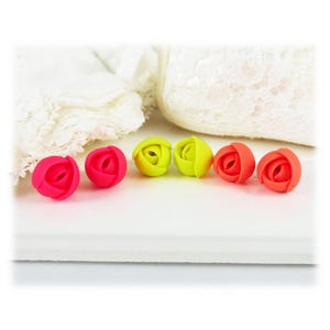 Neon Rose Stud Earrings: Petite Polymer Clay Flower, Hypoallergenic Posts