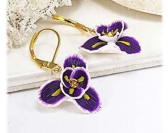 Purple Iris Dangle Earrings: February Birth Flower, Hand Sculpted Flowers