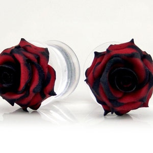 Tipped Rose Plug Gauge Earrings | Variegated Two Color Rose Plugs | Variegated Tipped Rose Jewelry