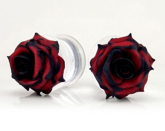 Tipped Rose Plug Gauge Earrings | Variegated Two Color Rose Plugs