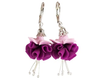 Pink Fuchsia Flower Earrings | Ruffle Fuchsia Flower Dangle Earrings | Realistic Pink Fuchsia Flower Jewelry