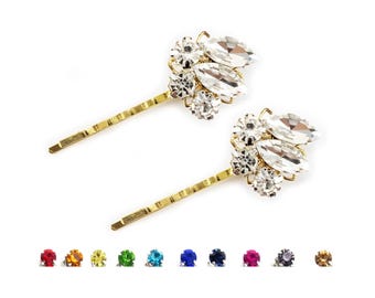 Gold Rhinestone Hair Pins: Vintage Bridal Bobby Pins, Custom Colors (Set of 2)