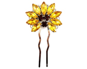 Sunflower Rhinestone Mini Hair Fork Bun Updo Decor | Yellow Rhinestone Flower Mini Bun Holder