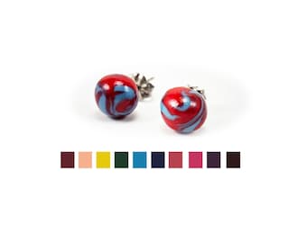 Custom Marbled Round Ball Stud Earrings: 5 Sizes, Pick 2 Colors, Titanium Posts (Hypoallergenic)