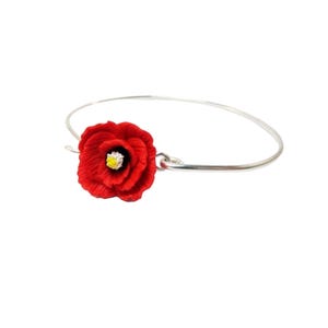 Red Poppy Sterling Silver Bangle Bracelet: August Birth Flower Jewelry