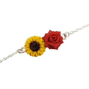 Two Flower Anklet: Sterling Silver Sunflower & Rose Bracelet