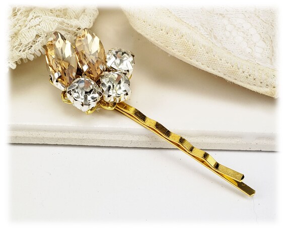 Champagne Rhinestone Hair Pins: Bridal Gem Bobby Pins (set  display picture 1