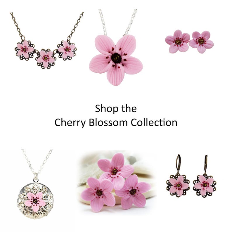 The image is a collage of various cherry blossom-themed jewelry pieces, including necklaces, earrings, and pendants.