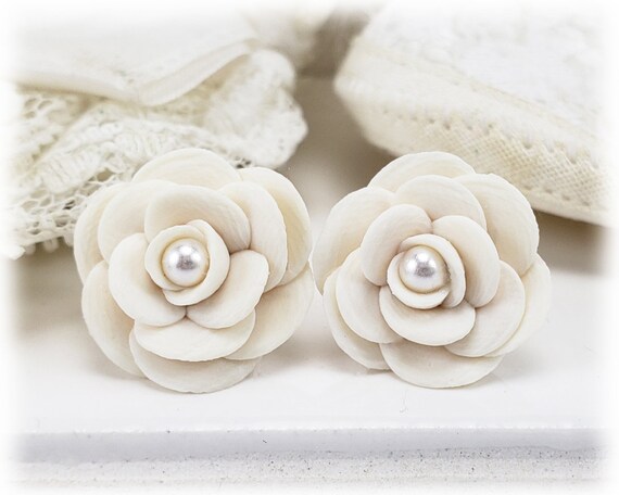 White Camellia Earrings Stud or Clip On | Camellia Jewelry