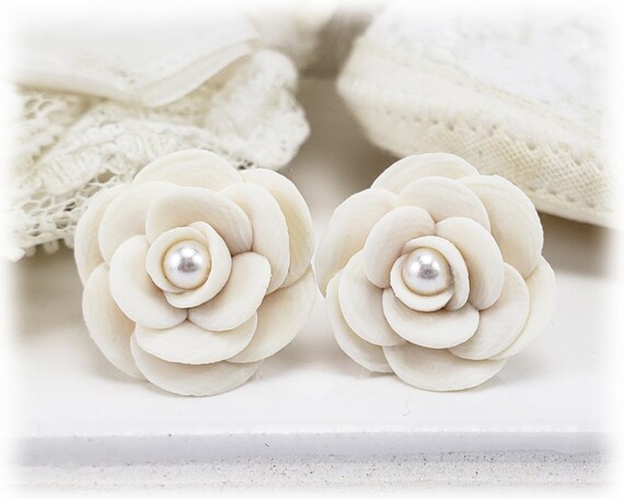 Buy White Camellia Earrings Stud or Clip on Camellia Jewelry