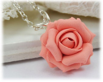 Small Coral Color Rose Pendant Necklace | Peach Rose Jewelry | Coral Peach Flower Necklace | Peach Rose Bridesmaid Necklace