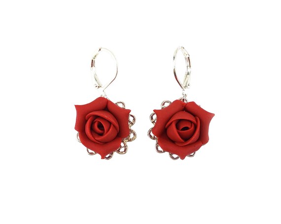 Rosebud Filigree Earrings: Vintage Style, Hand Sculpted Polymer Clay Flower Jewelry