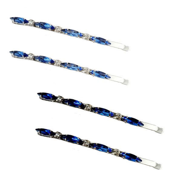 Long Slim Light or Dark Sapphire Blue Rhinestone Hair Pins | Cobalt Blue Large Bobby Pins | Something Blue Hair Accessories