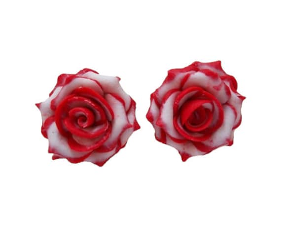 Red Tip White Rose Earrings Stud or Clip on Variegated Rose