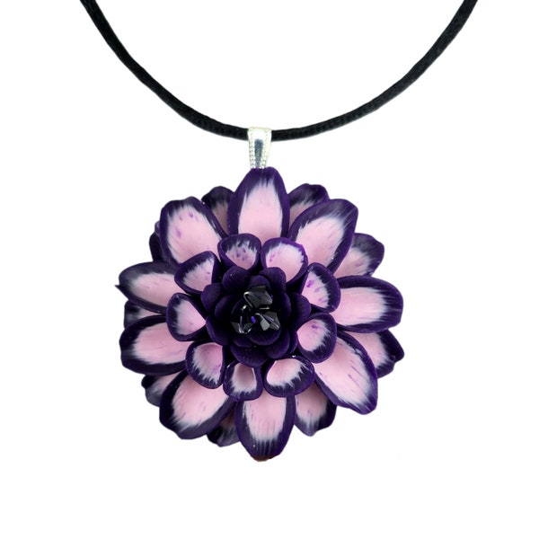 Large Dahlia Black Cord Choker Necklace | Dahlia Jewelry | Big Flower Necklace | Colorful Bold Dahlia Flower Necklace 2 Inch