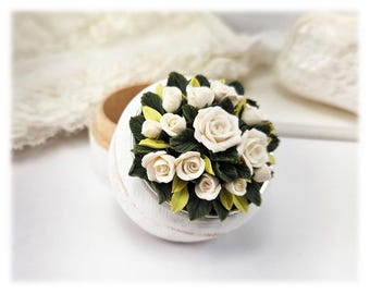 White Rose Rustic Bridal Ring Box: Handmade Distressed White Wood Trinket Holder Gift