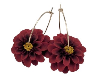Big Red Dahlia Hoop Earrings Sterling Silver or Gold Filled | Dahlia Jewelry | Red Flower Hoops